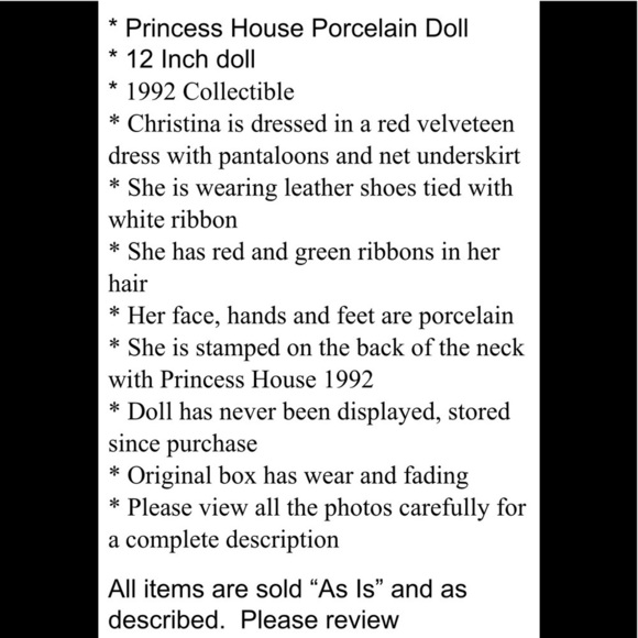 682 Princess House “CHRISTINA” Porcelain Collector Doll NRFB NIB - Picture 7 of 8